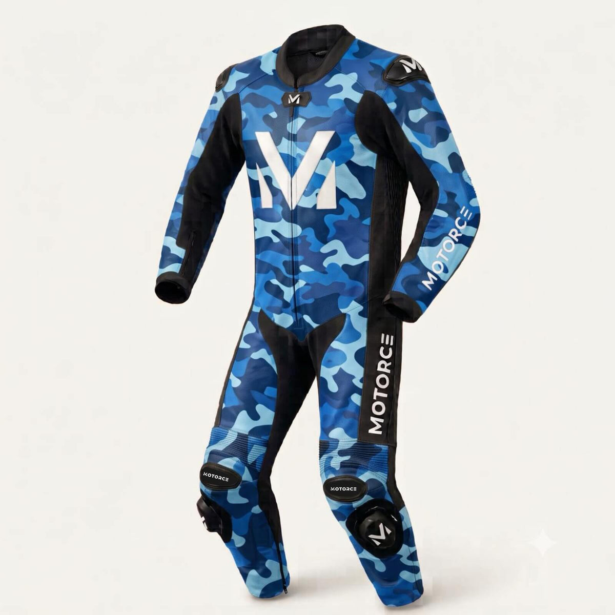 Motorce Arctic Camo custom leather motorcycle race suit in blue, white and black camo – front view