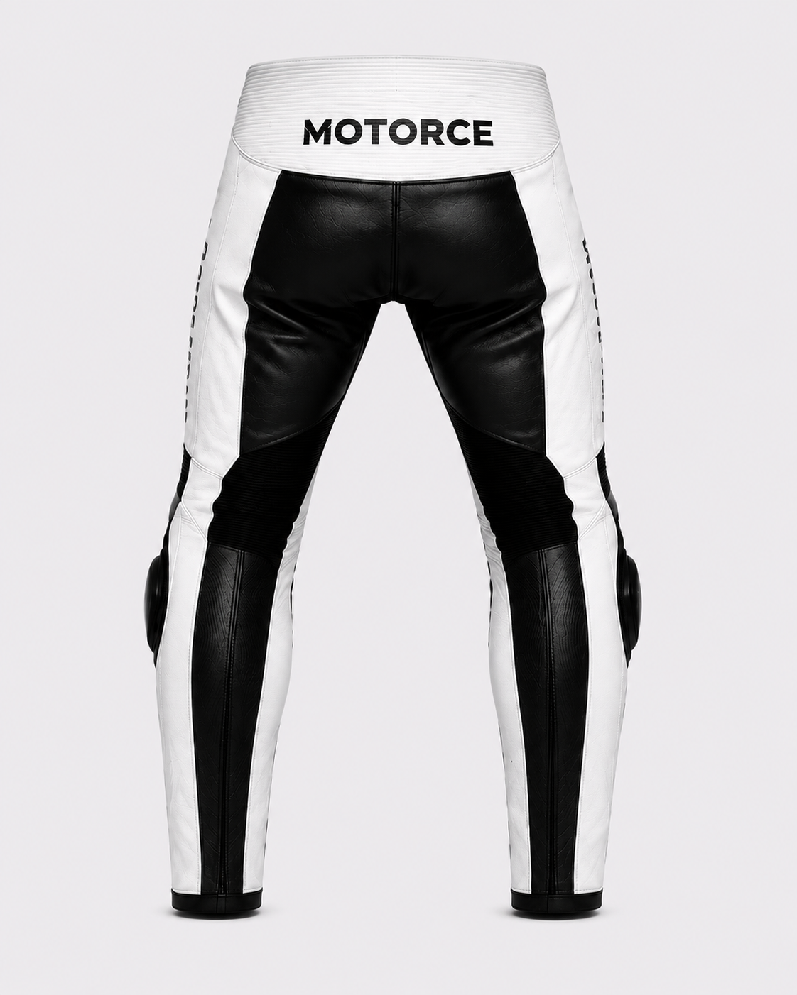 Motorce Stealth White custom motorcycle leather pants rear view with black and white leather panels