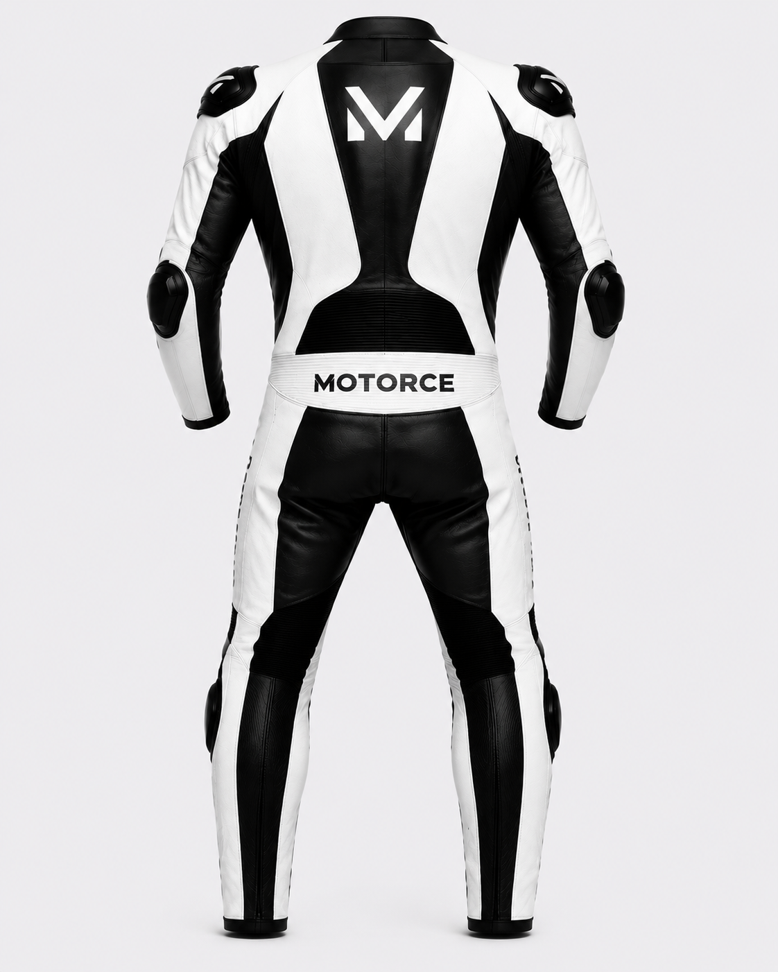 Motorce Pro Series Stealth White Edition custom motorcycle leather race suit rear view