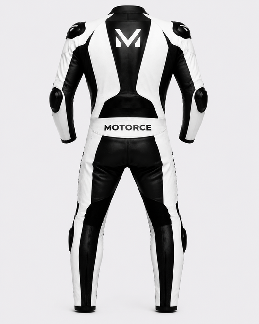 Motorce Pro Series Stealth White Edition custom motorcycle leather race suit rear view