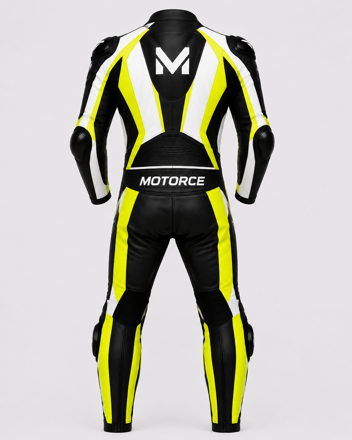 Motorce Pro Series Volt Edition black yellow and white custom motorcycle leather race suit rear view