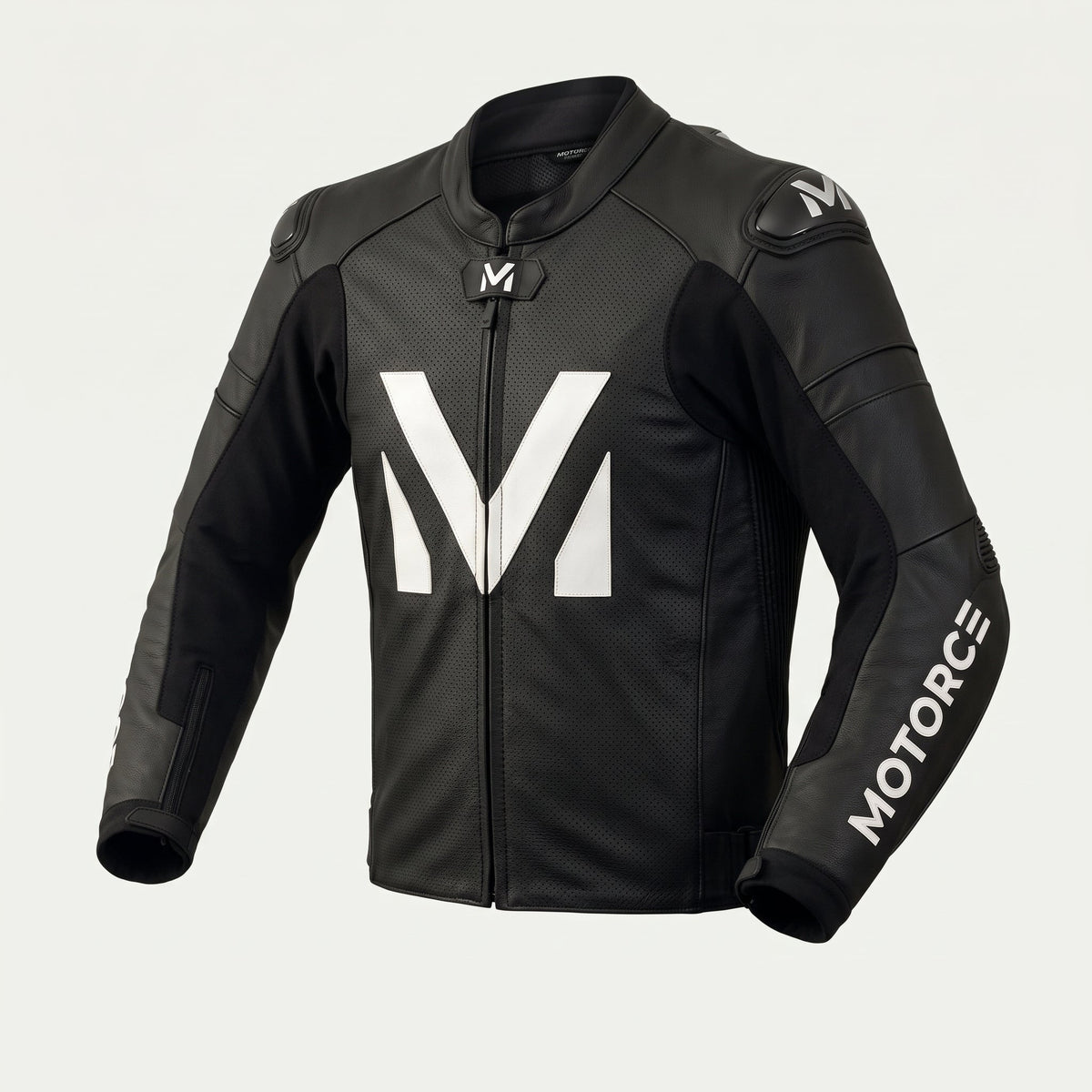 Motorce Stealth Black custom leather motorcycle jacket – front view