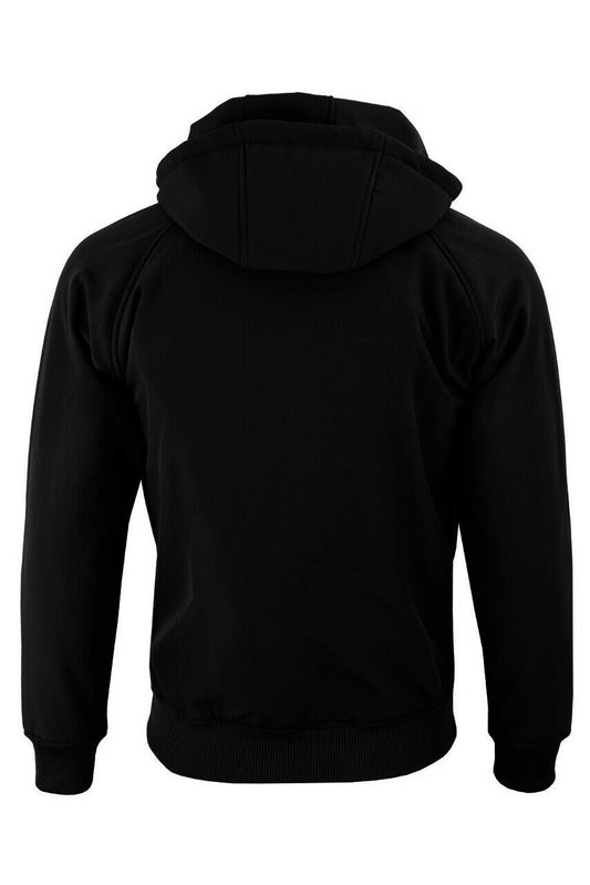 Black Motorce armoured motorcycle hoodie rear view with hood