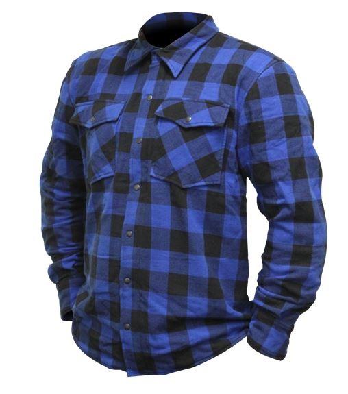 Armoured Kevlar Flannel shirt with a black and blue pattern on a white background