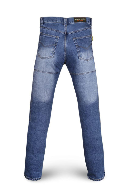 Motorce blue motorcycle riding jeans rear view showing back pockets on a white background