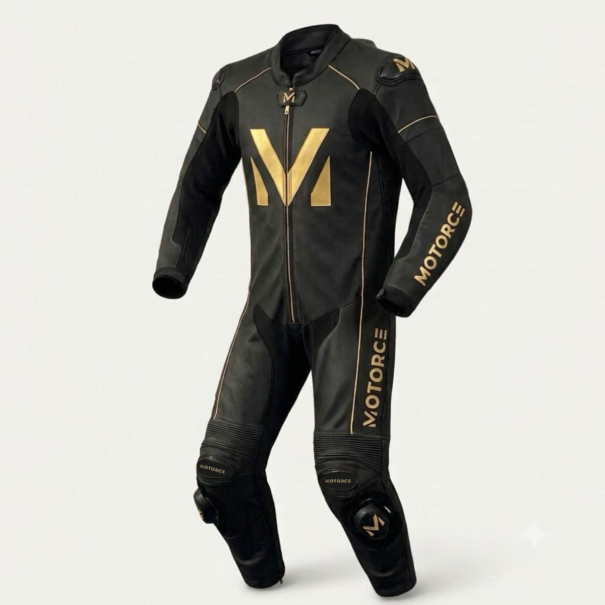 Motorce Stealth Gold custom leather motorcycle race suit in black and gold – front view