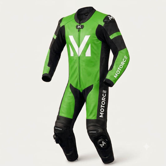 Motorce Volt Green custom leather motorcycle race suit in green and black – front view