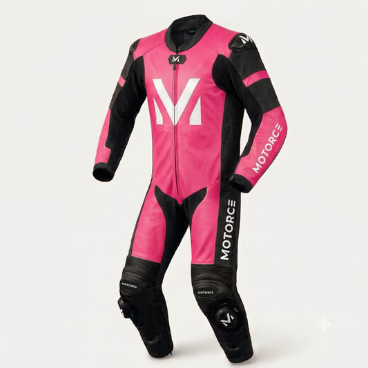 Motorce Vivid Pink custom leather motorcycle race suit in pink and black – front view