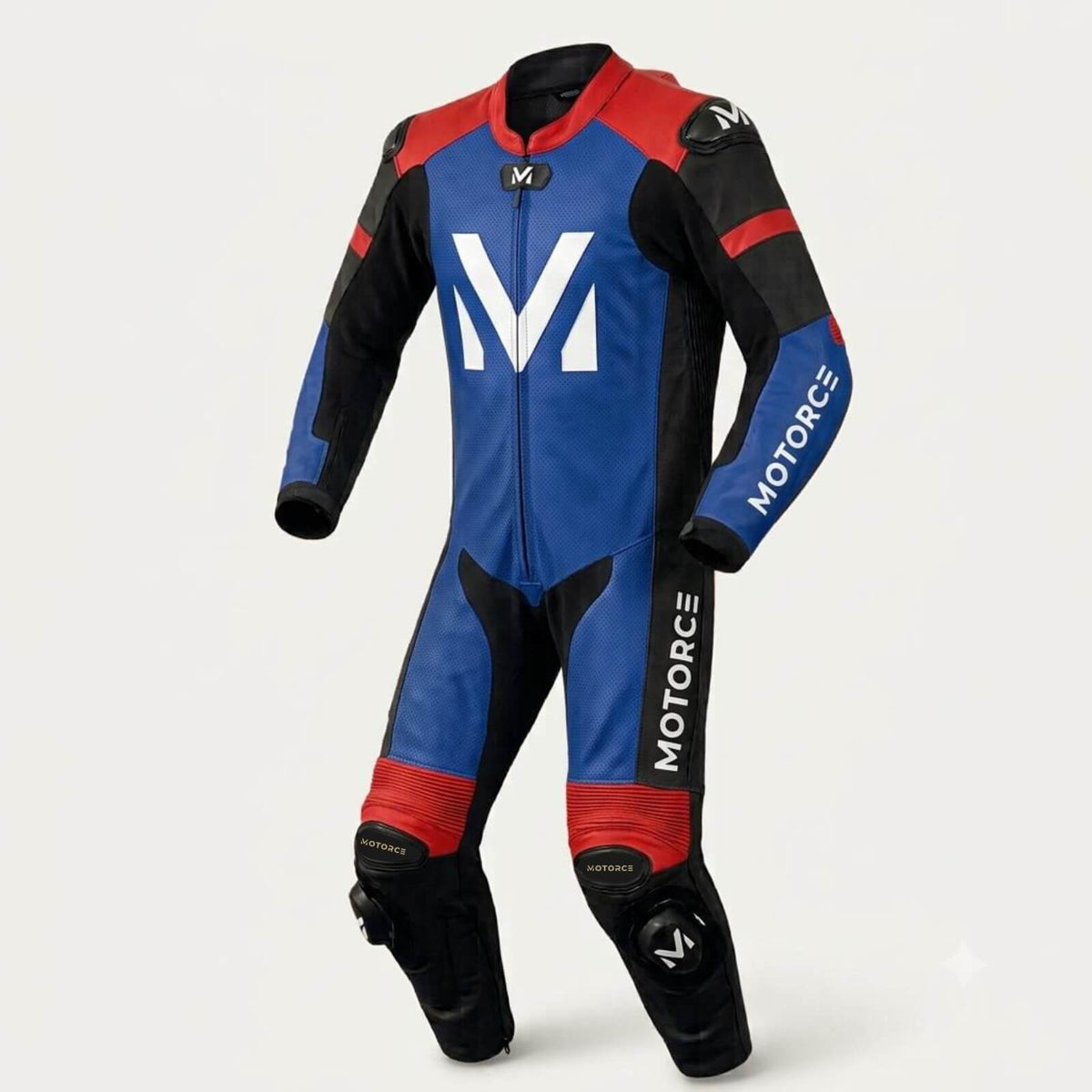 Motorce Apex Red custom leather motorcycle race suit in red, blue and black – front view