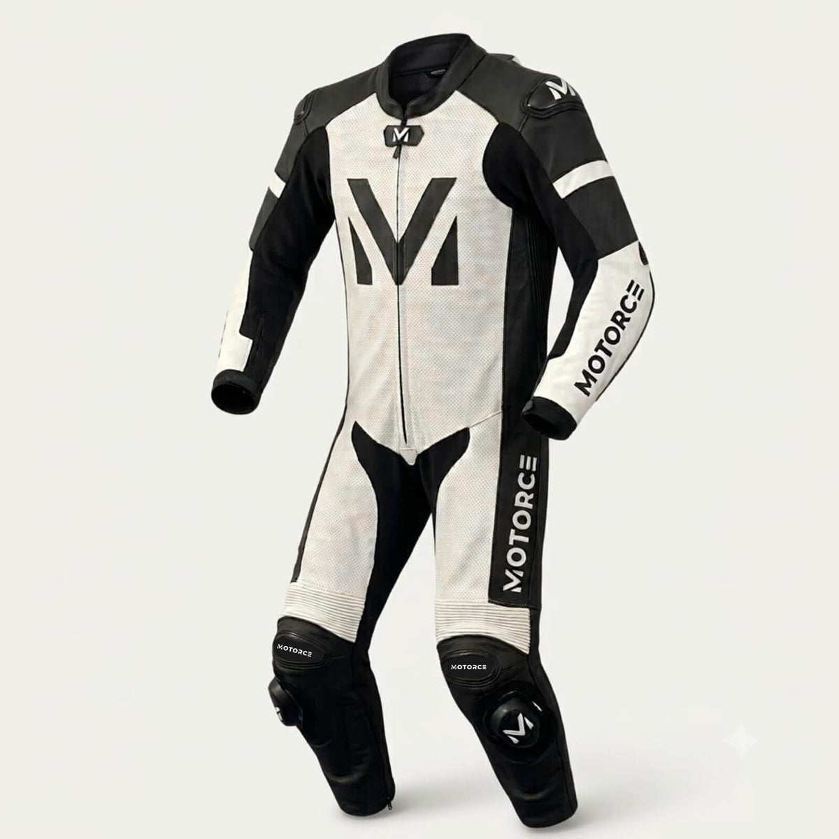 Motorce Stealth White custom leather motorcycle race suit in white and black – front view