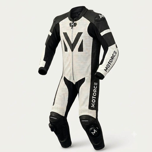 Motorce Stealth White custom leather motorcycle race suit in white and black – front view