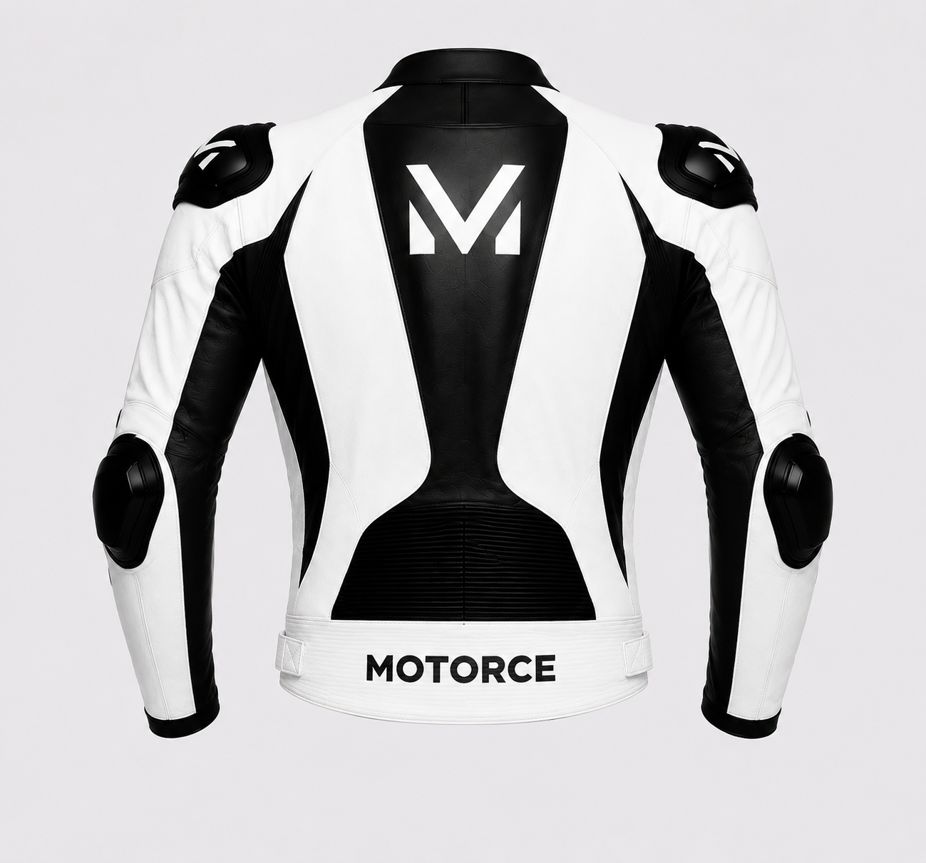 Motorce Stealth White Edition custom motorcycle leather jacket rear view with CE armour and Motorce branding