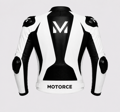 Motorce Stealth White Edition custom motorcycle leather jacket rear view with CE armour and Motorce branding