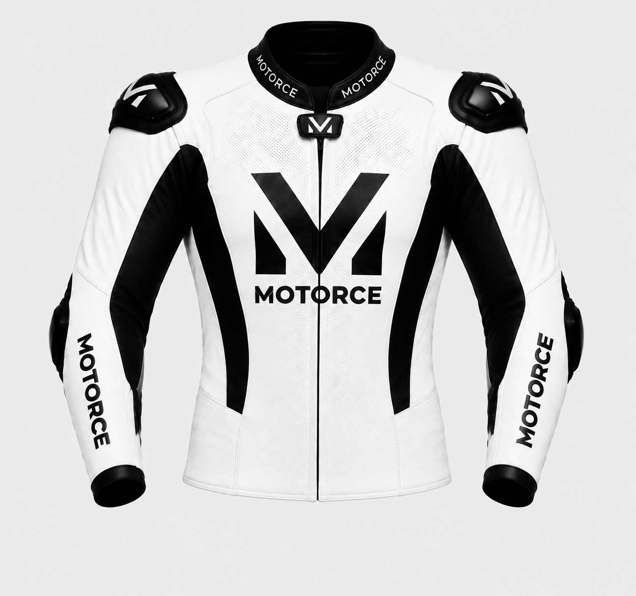 Motorce Stealth White Edition custom motorcycle leather jacket front view with CE armour and premium leather construction