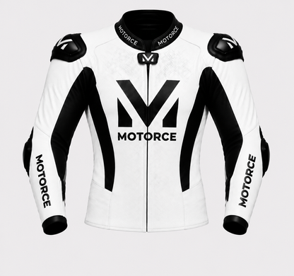 Motorce Stealth White Edition custom motorcycle leather jacket front view with CE armour and premium leather construction
