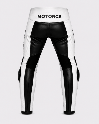 Motorce Stealth White custom motorcycle leather pants rear view with black and white leather panels