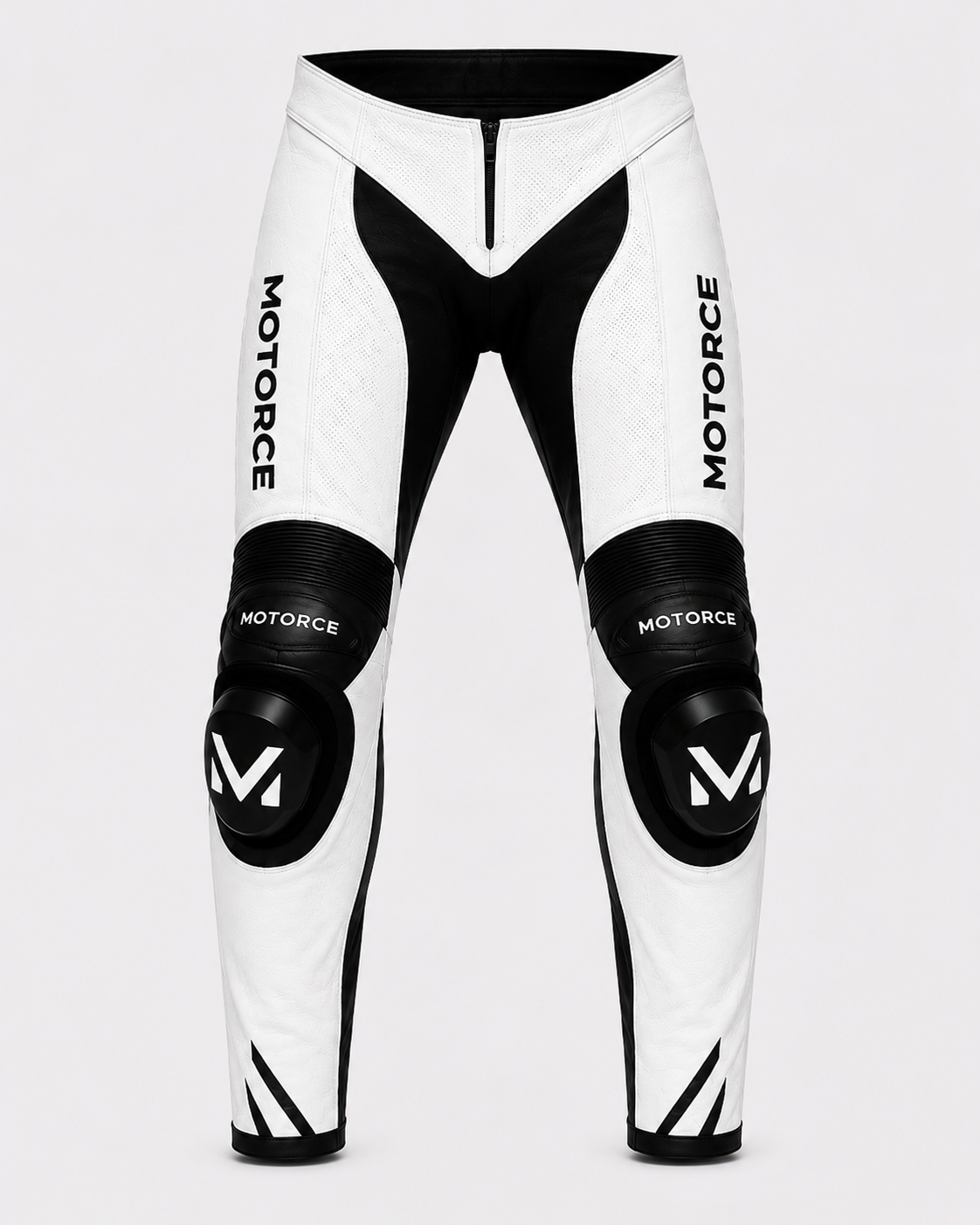 Motorce Stealth White custom motorcycle leather pants front view with knee protection and sliders