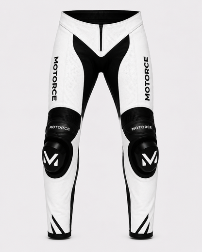 Motorce Stealth White custom motorcycle leather pants front view with knee protection and sliders
