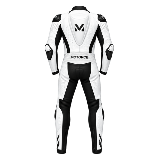 Motorce custom motorcycle leather race suit in Stealth White, back view