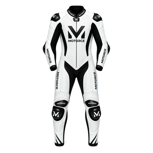 Motorce custom motorcycle leather race suit in Stealth White, front view