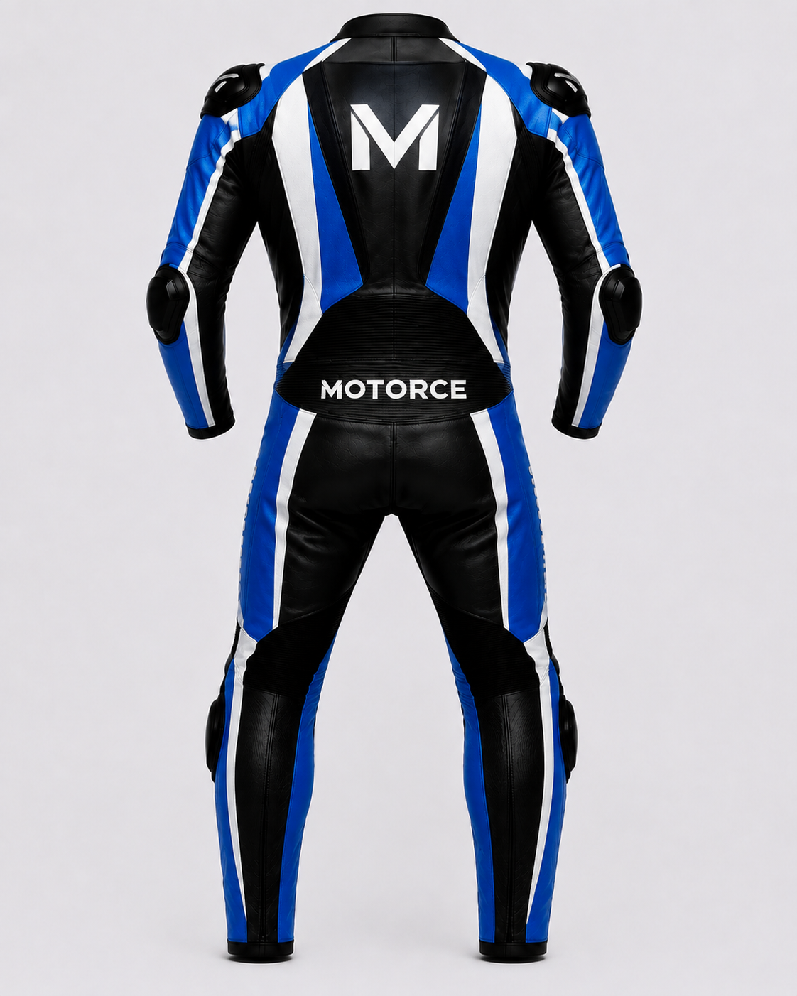 Motorce Pro Series Stealth Blue Edition custom motorcycle leather racing suit back view with aerodynamic hump and Motorce branding