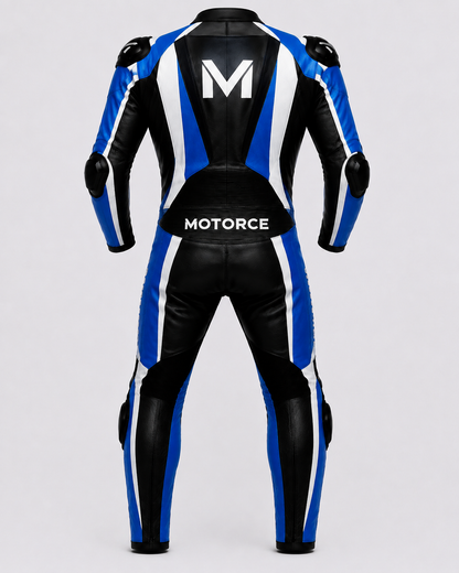 Motorce Pro Series Stealth Blue Edition custom motorcycle leather racing suit back view with aerodynamic hump and Motorce branding