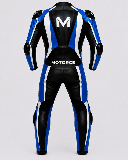 Motorce Pro Series Stealth Blue Edition custom motorcycle leather racing suit back view with aerodynamic hump and Motorce branding