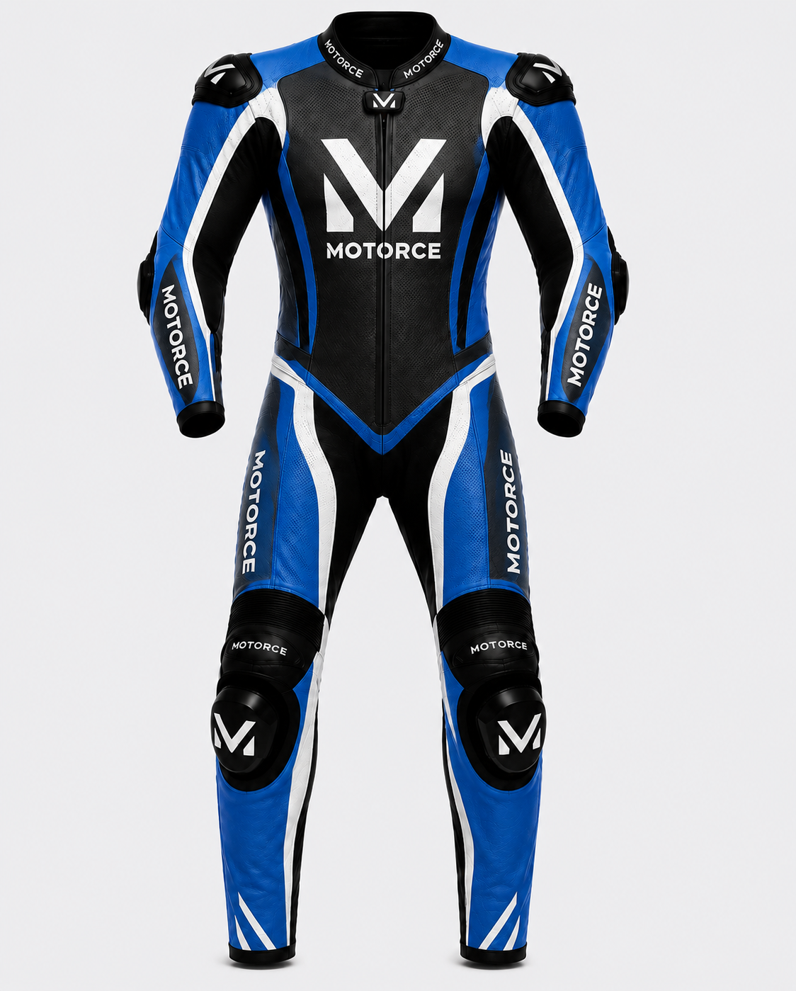 Motorce Pro Series Stealth Blue Edition custom motorcycle leather race suit front view with CE Level 2 armour and Motorce branding