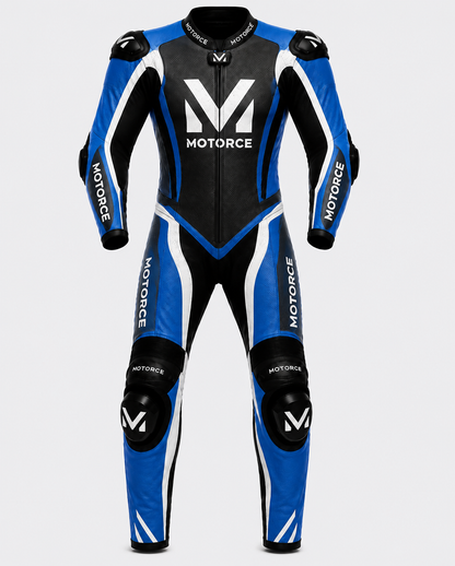 Motorce Pro Series Stealth Blue Edition custom motorcycle leather race suit front view with CE Level 2 armour and Motorce branding