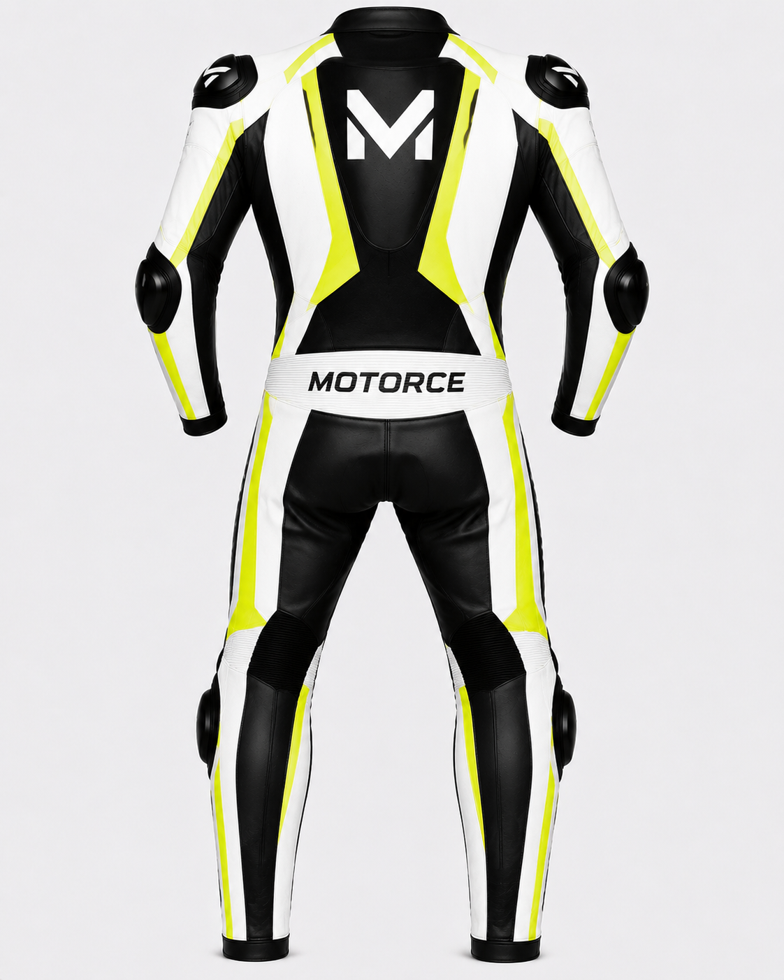 Motorce Pro Series Stealth Blue Edition custom motorcycle leather race suit rear view with aerodynamic hump and Motorce branding