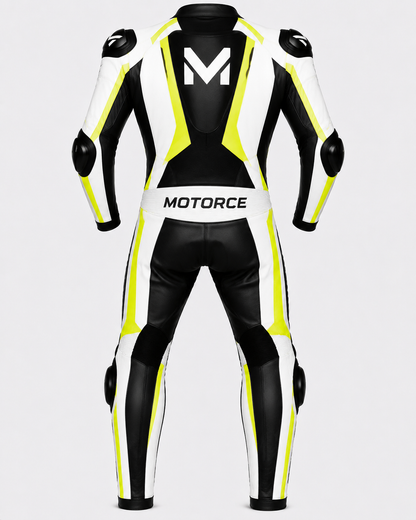 Motorce Pro Series Stealth Blue Edition custom motorcycle leather race suit rear view with aerodynamic hump and Motorce branding