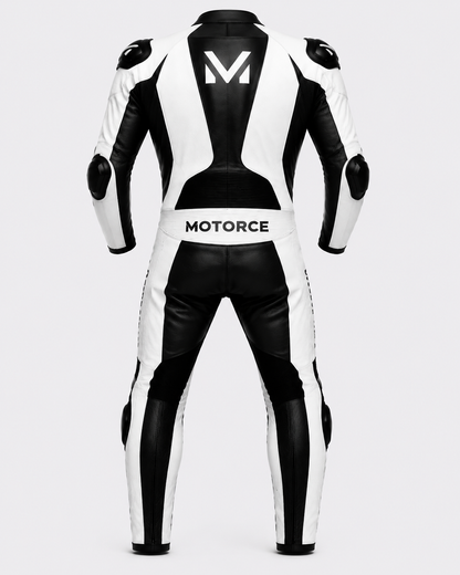Motorce Pro Series Stealth White Edition custom motorcycle leather race suit rear view