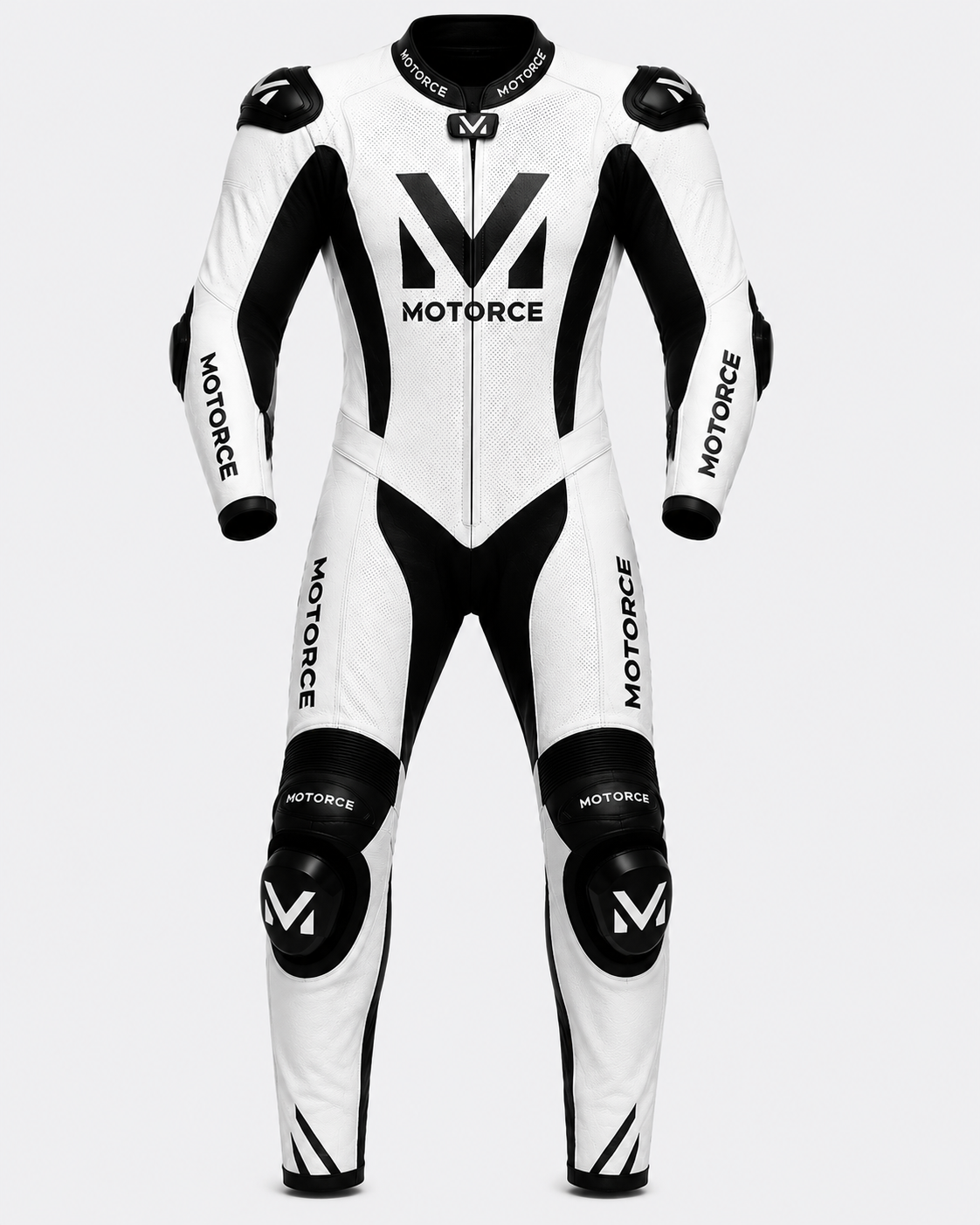 Motorce Pro Series Stealth White Edition custom motorcycle leather race suit front view