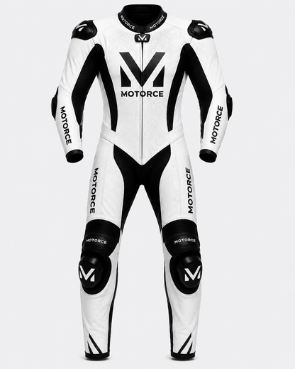 Motorce Pro Series Stealth White Edition custom motorcycle leather race suit front view
