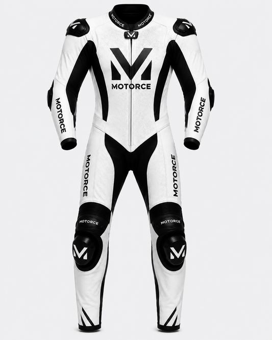 Motorce Pro Series Stealth White Edition custom motorcycle leather race suit front view