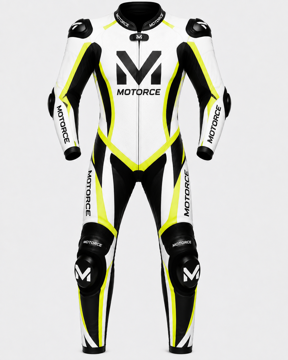 Motorce Pro Series Stealth Blue Edition custom motorcycle leather race suit front view with CE Level 2 armour