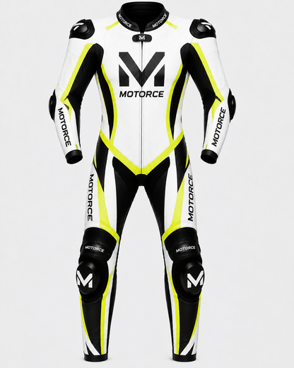 Motorce Pro Series Stealth Blue Edition custom motorcycle leather race suit front view with CE Level 2 armour