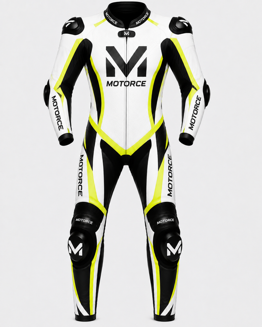 Motorce Pro Series Stealth Blue Edition custom motorcycle leather race suit front view with CE Level 2 armour