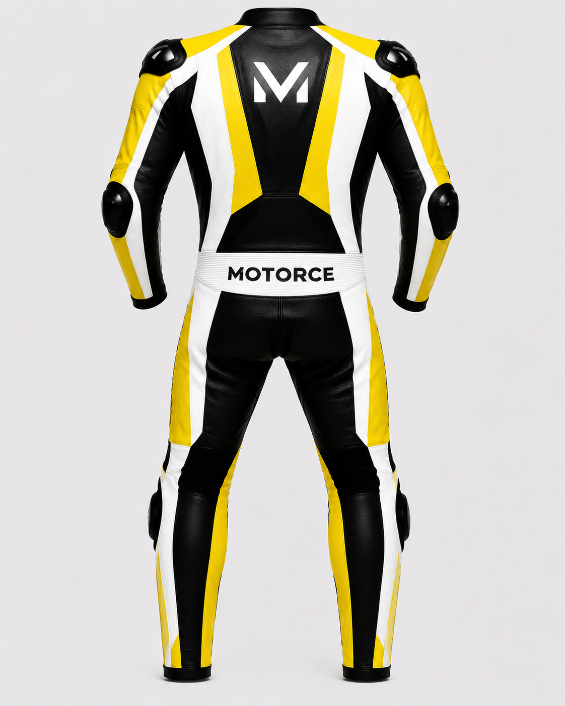 Motorce Pro Series Stealth Yellow V2 Edition custom motorcycle leather race suit rear view with Motorce branding and aerodynamic race hump