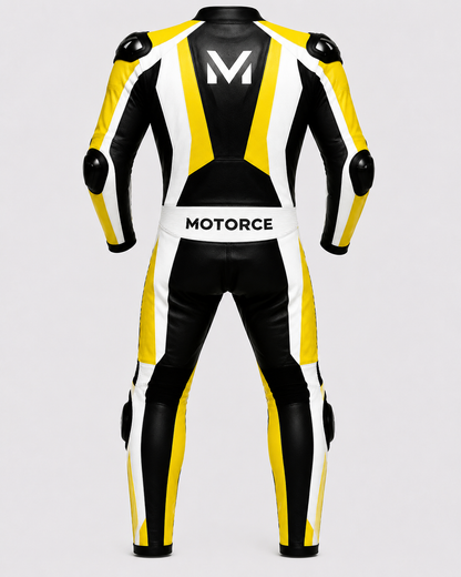 Motorce Pro Series Stealth Yellow V2 Edition custom motorcycle leather race suit rear view with Motorce branding and aerodynamic race hump