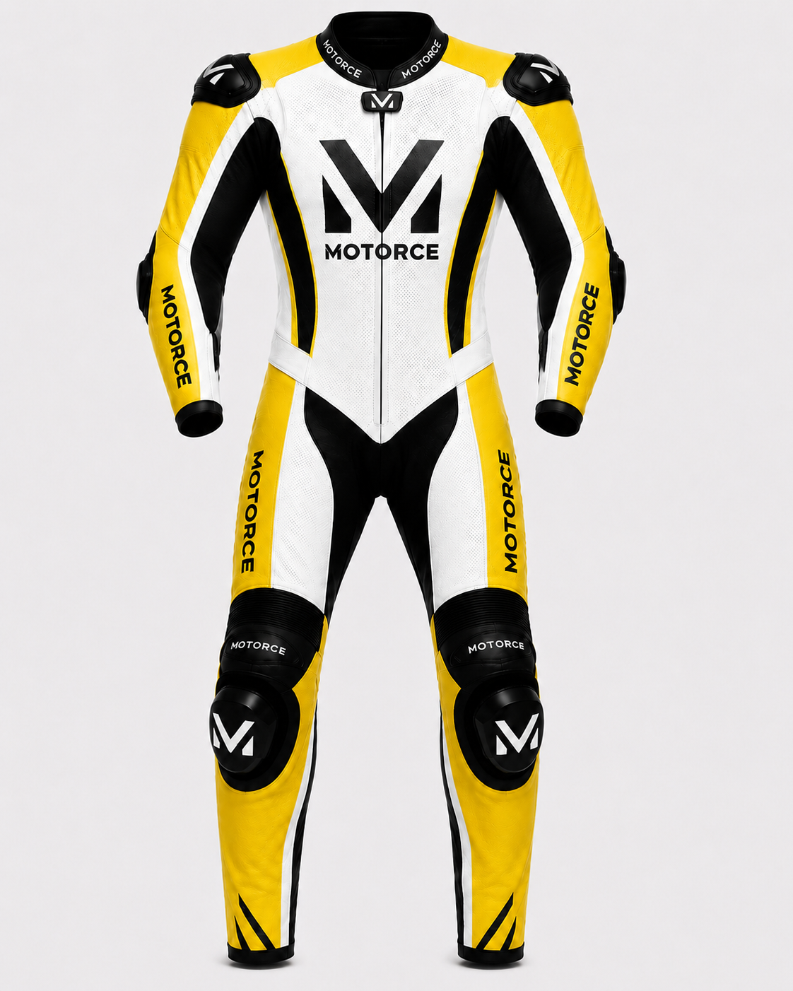 Motorce Pro Series Stealth Yellow V2 Edition custom motorcycle leather race suit front view with yellow black and white racing design