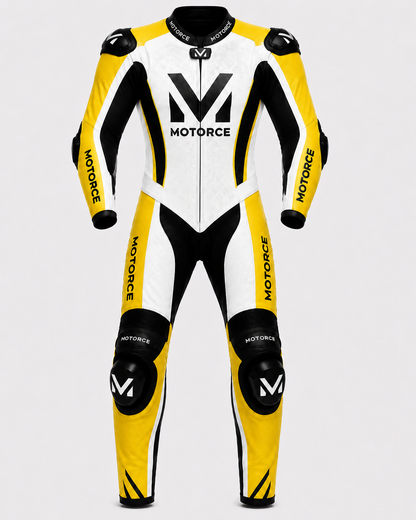 Motorce Pro Series Stealth Yellow V2 Edition custom motorcycle leather race suit front view with yellow black and white racing design