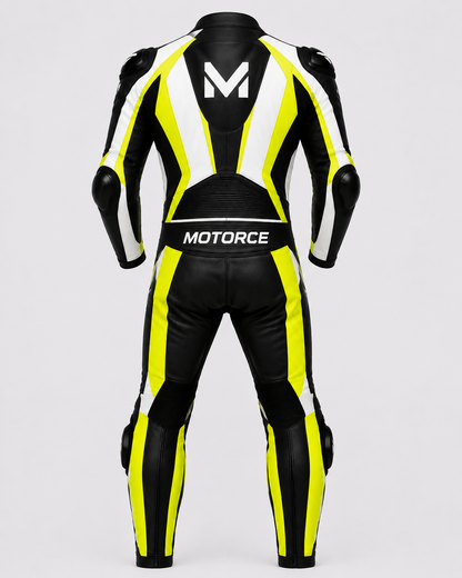 Motorce Pro Series Volt Edition black yellow and white custom motorcycle leather race suit rear view