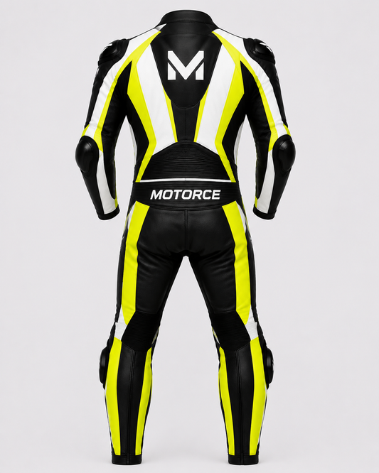 Motorce Pro Series Volt Edition black yellow and white custom motorcycle leather race suit rear view