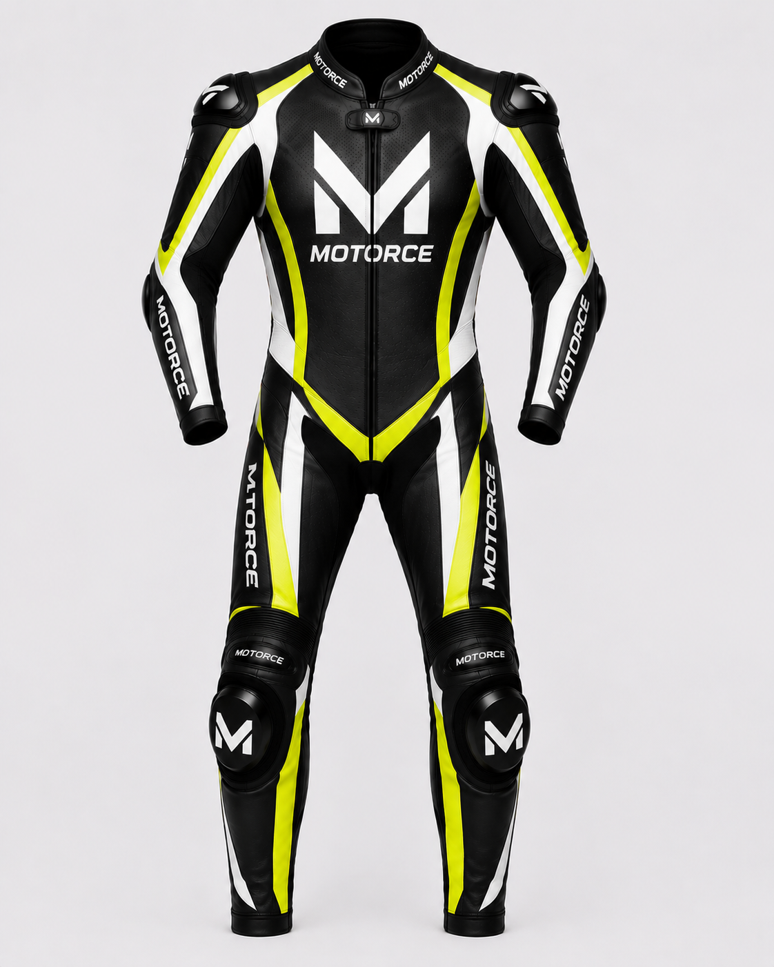 Motorce Pro Series Volt Edition black yellow and white custom motorcycle leather race suit front view