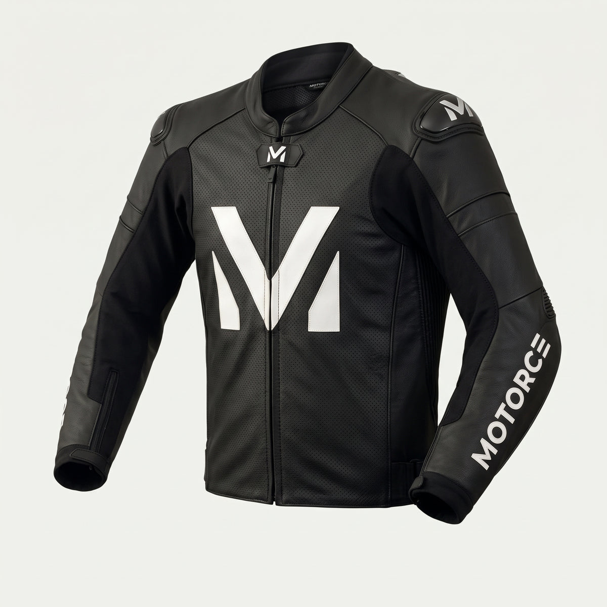 Motorce Stealth Black custom leather motorcycle jacket in black with white branding – front view