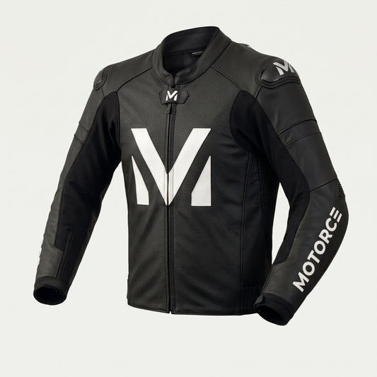 Motorce Stealth Black custom leather motorcycle jacket in black with white branding – front view